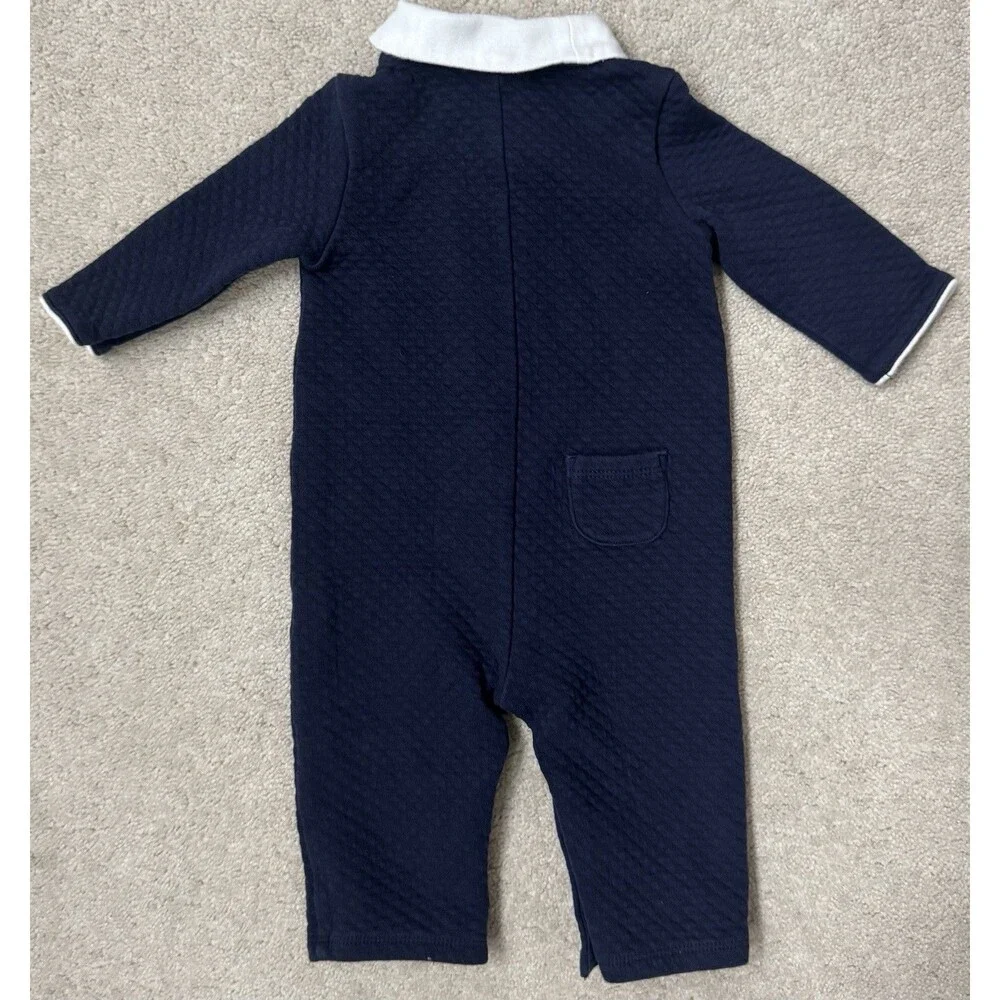 Janie And Jack Baby Boy Peter Pan Collared Quilted Navy/White Jumpsuit Size 3/6